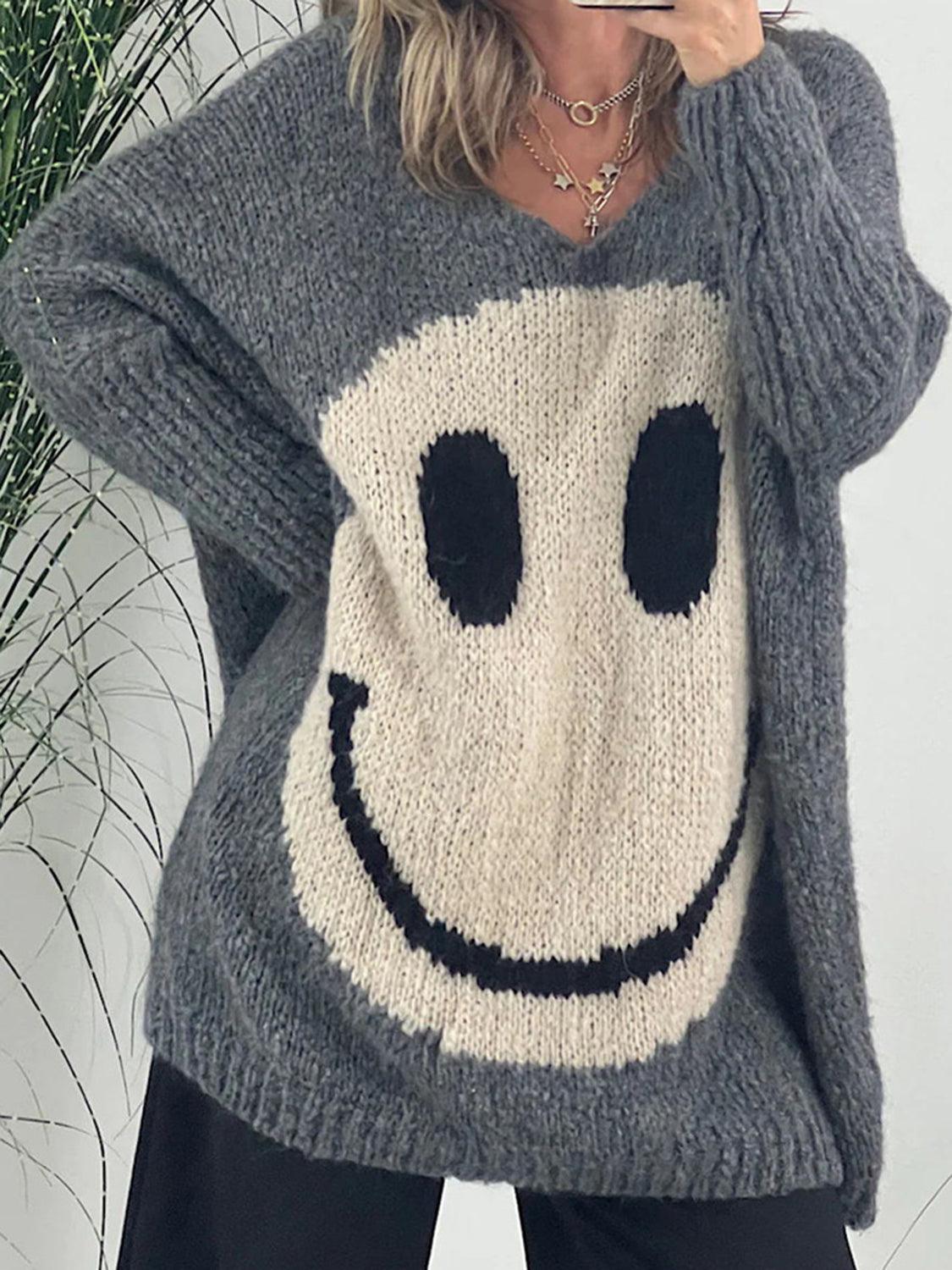 Get trendy with Smiling Face V-Neck Long Sleeve Sweater - available at Styles Code. Grab yours today!