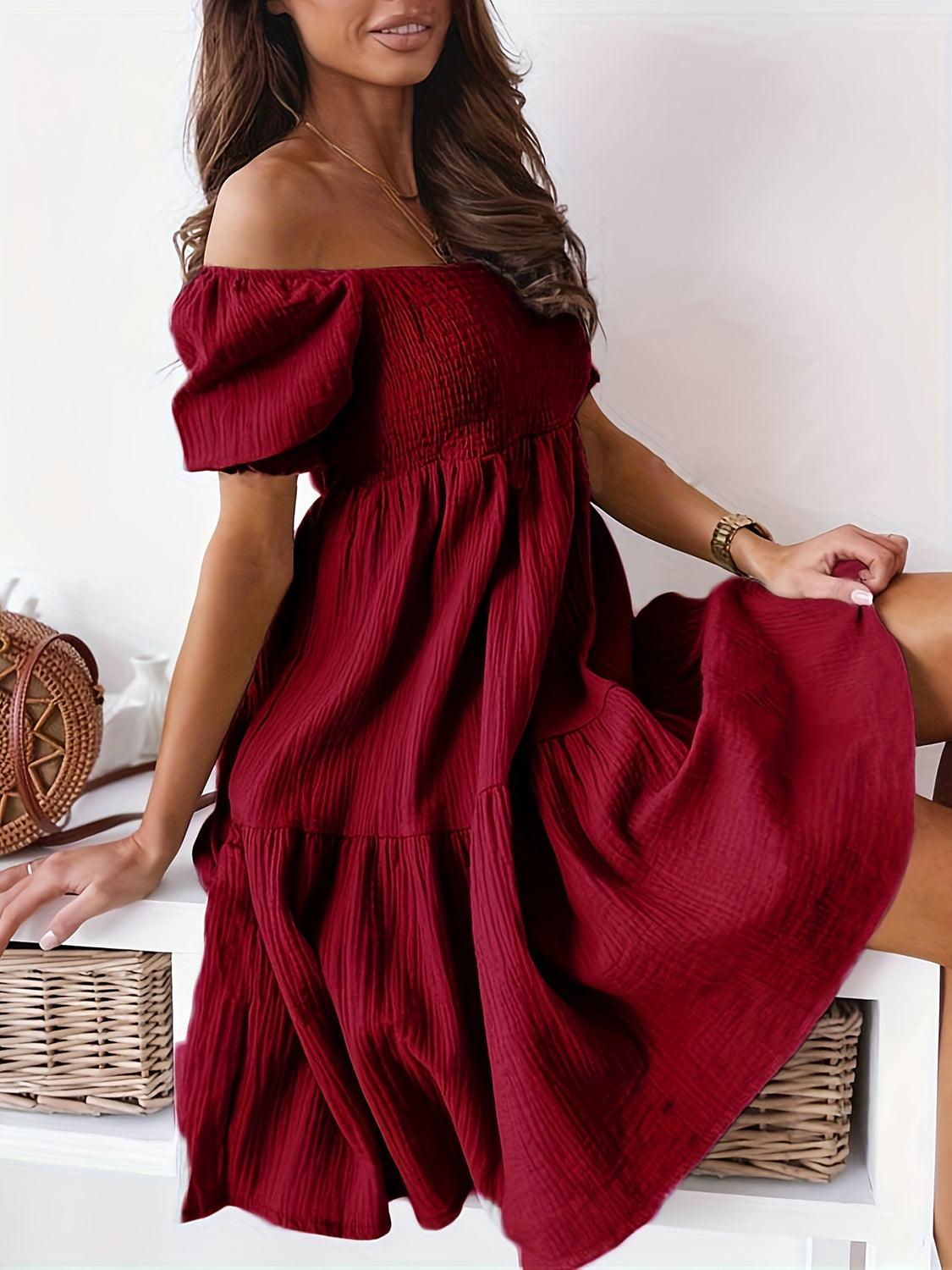 Get trendy with Full Size Ruffled Off-Shoulder Short Sleeve Dress - Dress available at Styles Code. Grab yours today!