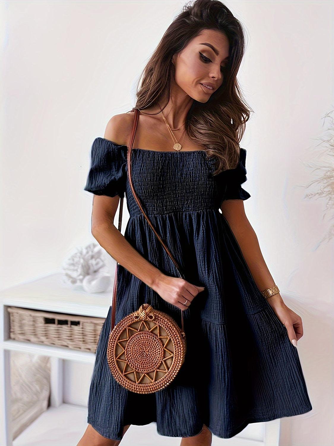 Get trendy with Full Size Ruffled Off-Shoulder Short Sleeve Dress - Dress available at Styles Code. Grab yours today!