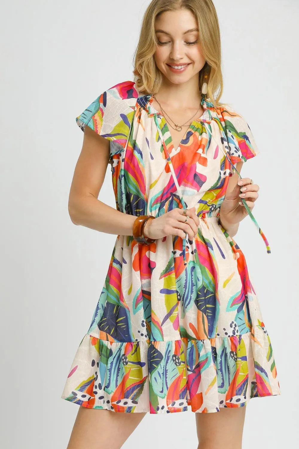 Get trendy with Printed Tie Neck Ruffled Hem Dress - Dress available at Styles Code. Grab yours today!