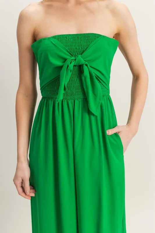 Get trendy with Tie Front Smocked Jumpsuit - Jumpsuit available at Styles Code. Grab yours today!