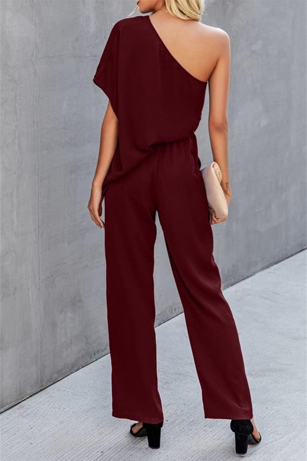 Get trendy with Single Shoulder Short Sleeve Jumpsuit - Jumpsuit available at Styles Code. Grab yours today!