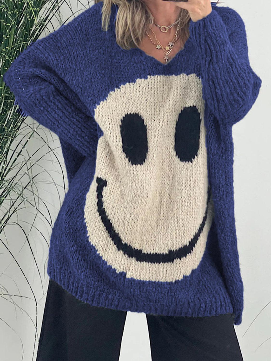 Get trendy with Smiling Face V-Neck Long Sleeve Sweater - available at Styles Code. Grab yours today!