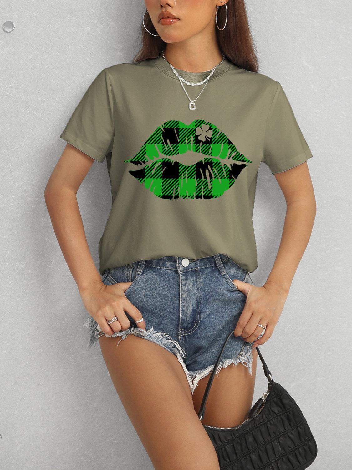 Get trendy with Plaid Lip Graphic Round Neck T-Shirt - Graphic T-Shirts available at Styles Code. Grab yours today!