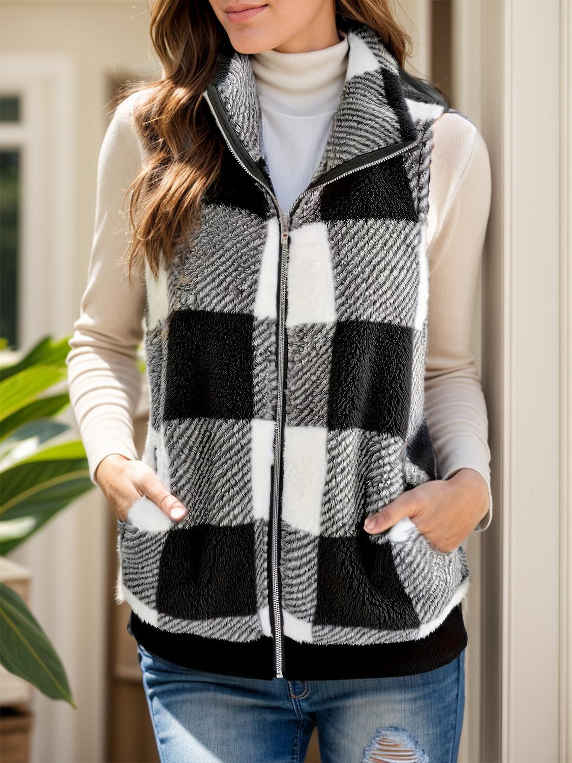 Get trendy with Pocketed Plaid Zip Up Vest Coat - available at Styles Code. Grab yours today!