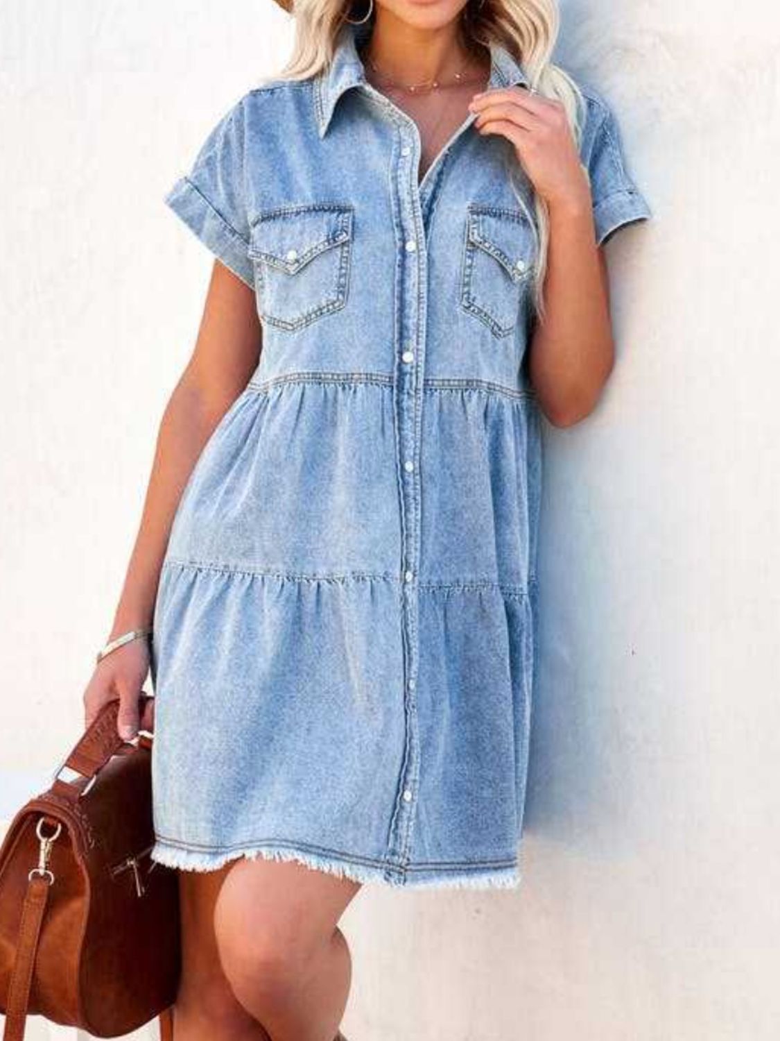 Get trendy with Raw Hem Short Sleeve Denim Dress - Denim Dress available at Styles Code. Grab yours today!