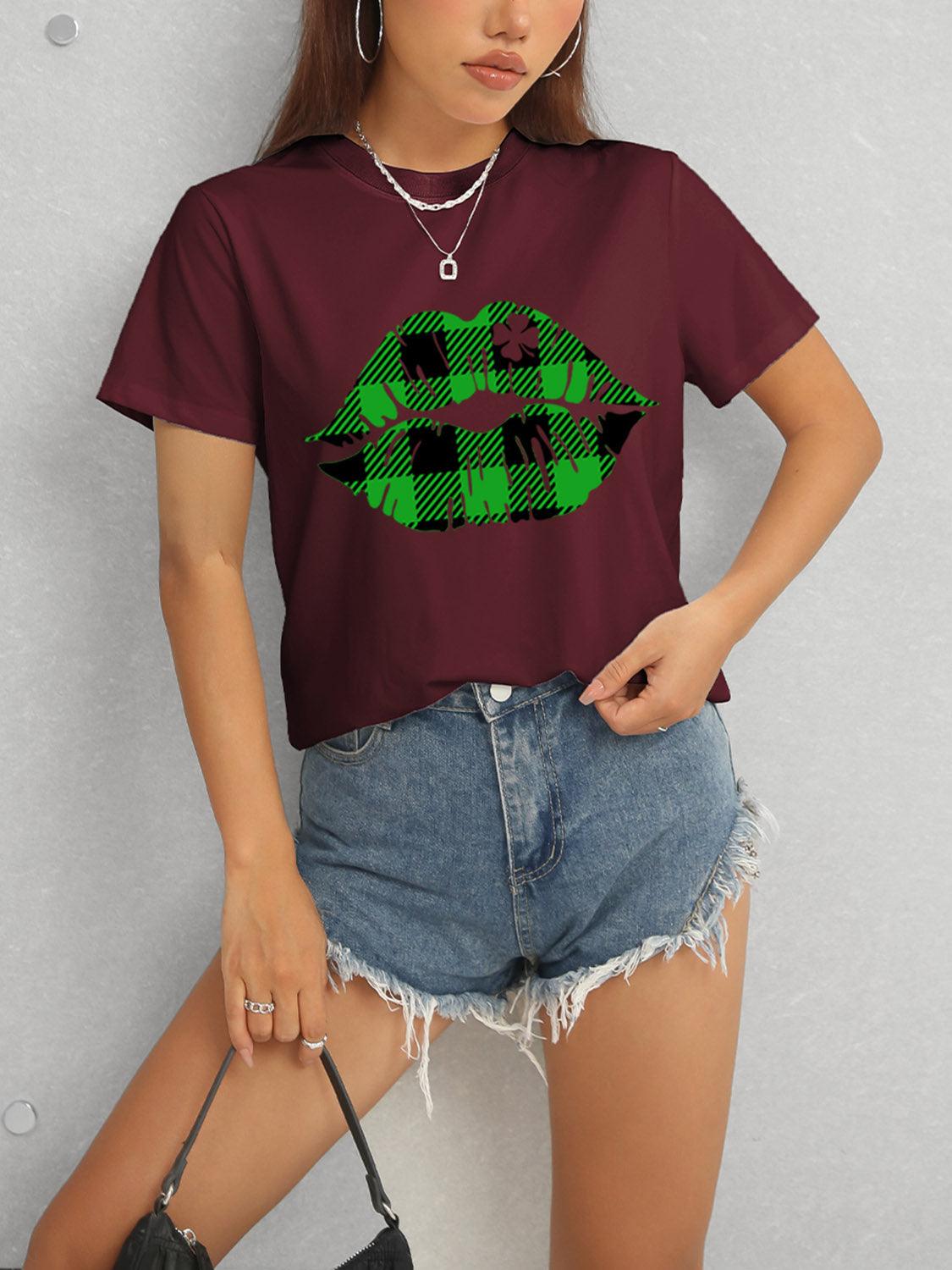 Get trendy with Plaid Lip Graphic Round Neck T-Shirt - Graphic T-Shirts available at Styles Code. Grab yours today!