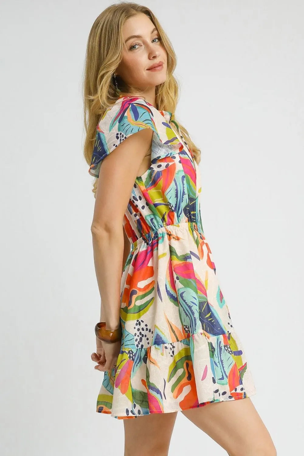 Get trendy with Printed Tie Neck Ruffled Hem Dress - Dress available at Styles Code. Grab yours today!