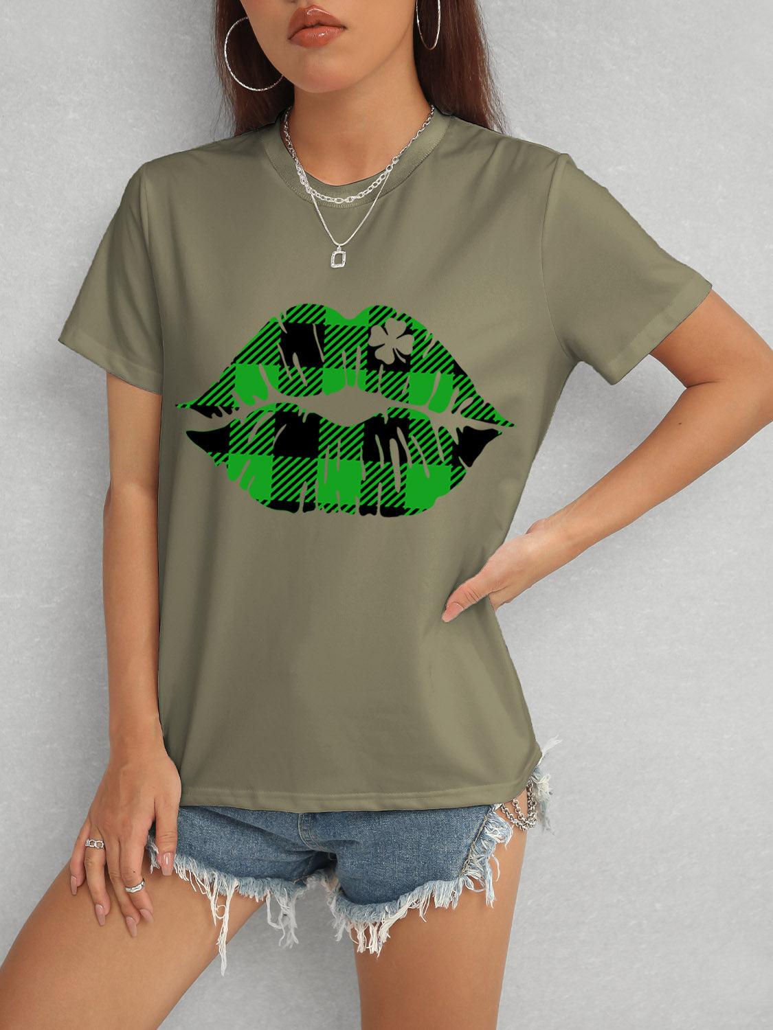 Get trendy with Plaid Lip Graphic Round Neck T-Shirt - Graphic T-Shirts available at Styles Code. Grab yours today!