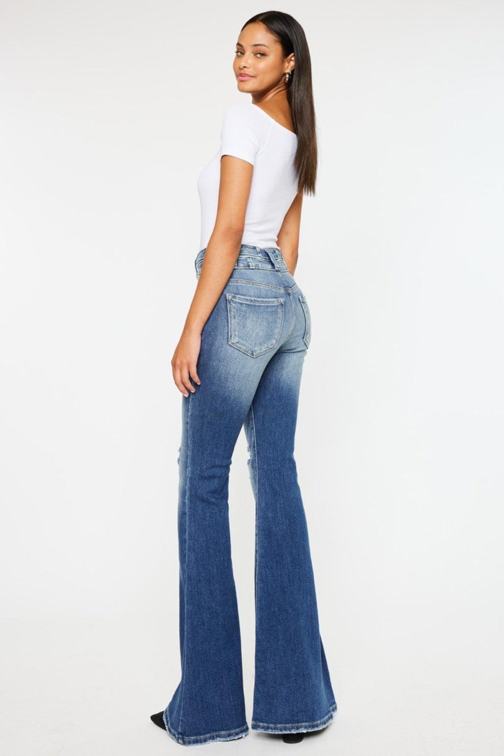 Get trendy with High Rise Wide Waistband Flare Jeans - Jeans available at Styles Code. Grab yours today!