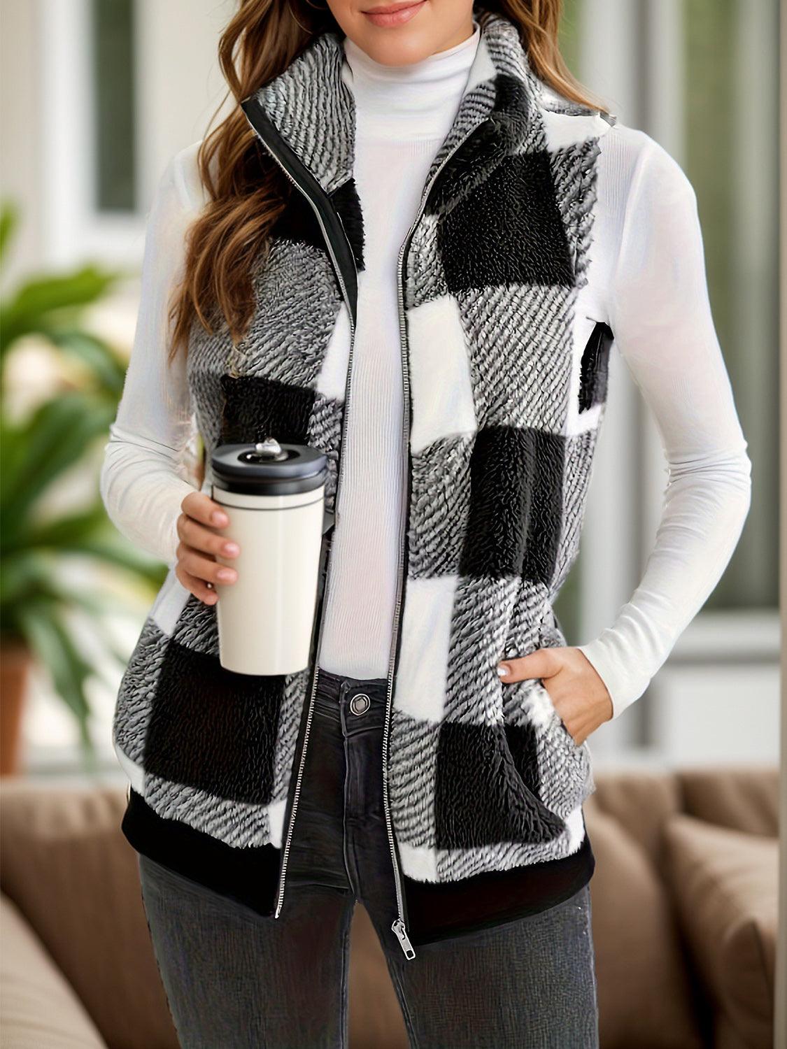 Get trendy with Pocketed Plaid Zip Up Vest Coat - available at Styles Code. Grab yours today!