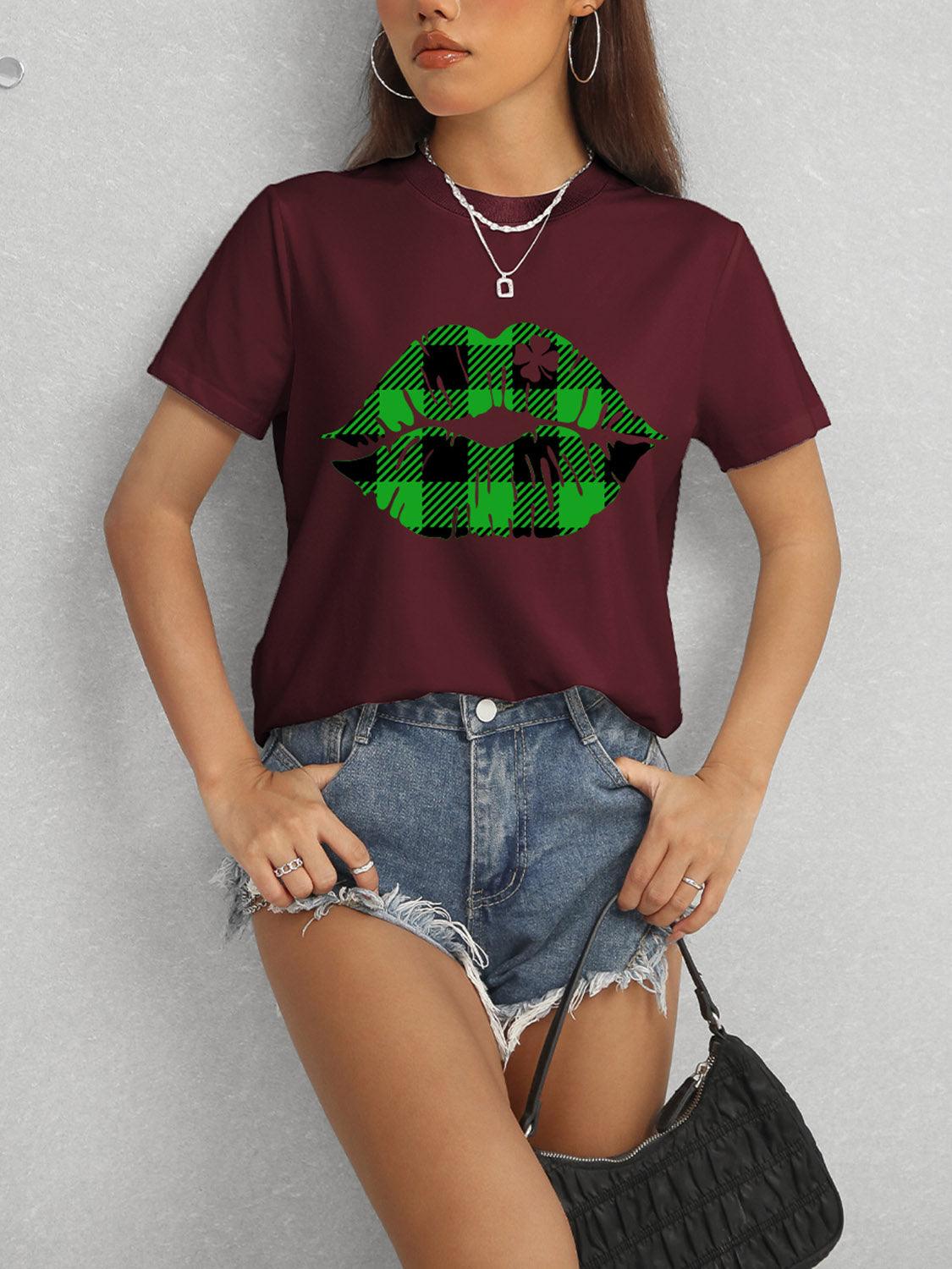 Get trendy with Plaid Lip Graphic Round Neck T-Shirt - Graphic T-Shirts available at Styles Code. Grab yours today!