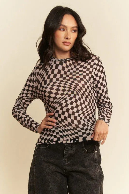 Get trendy with Checker Board Long Sleeve Top - Top available at Styles Code. Grab yours today!