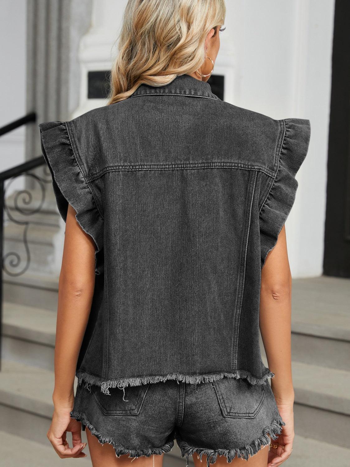 Get trendy with Raw Hem Cap Sleeve Denim Jacket - available at Styles Code. Grab yours today!