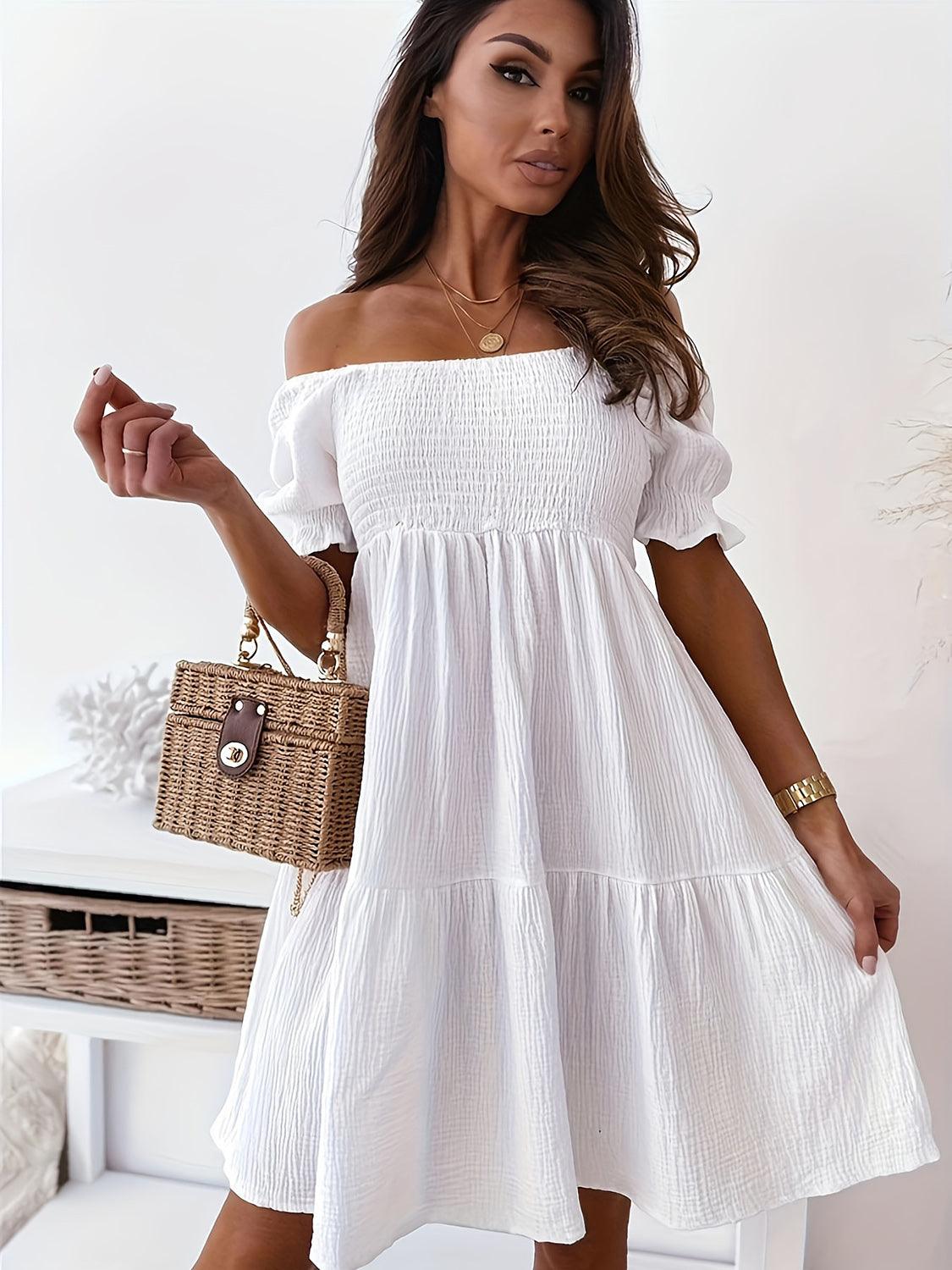 Get trendy with Full Size Ruffled Off-Shoulder Short Sleeve Dress - Dress available at Styles Code. Grab yours today!