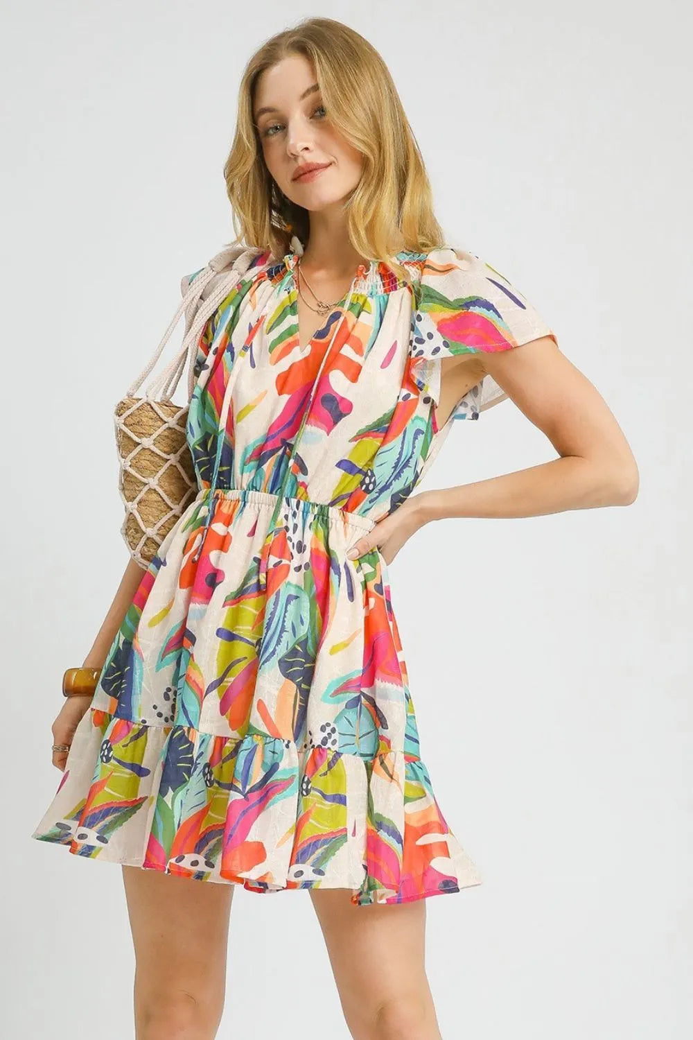 Get trendy with Printed Tie Neck Ruffled Hem Dress - Dress available at Styles Code. Grab yours today!