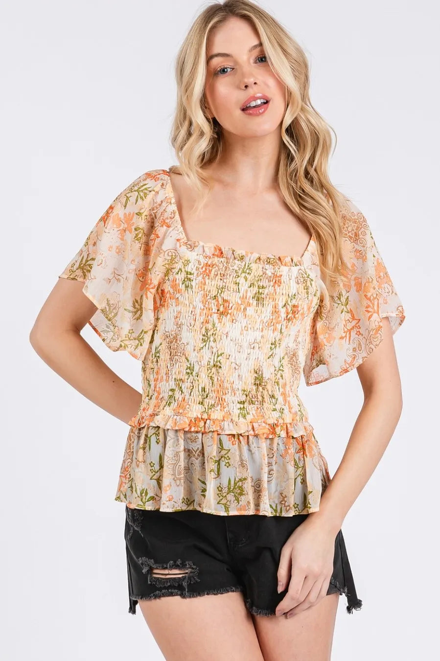 Get trendy with Floral Chiffon Square Neck Top - Top available at Styles Code. Grab yours today!
