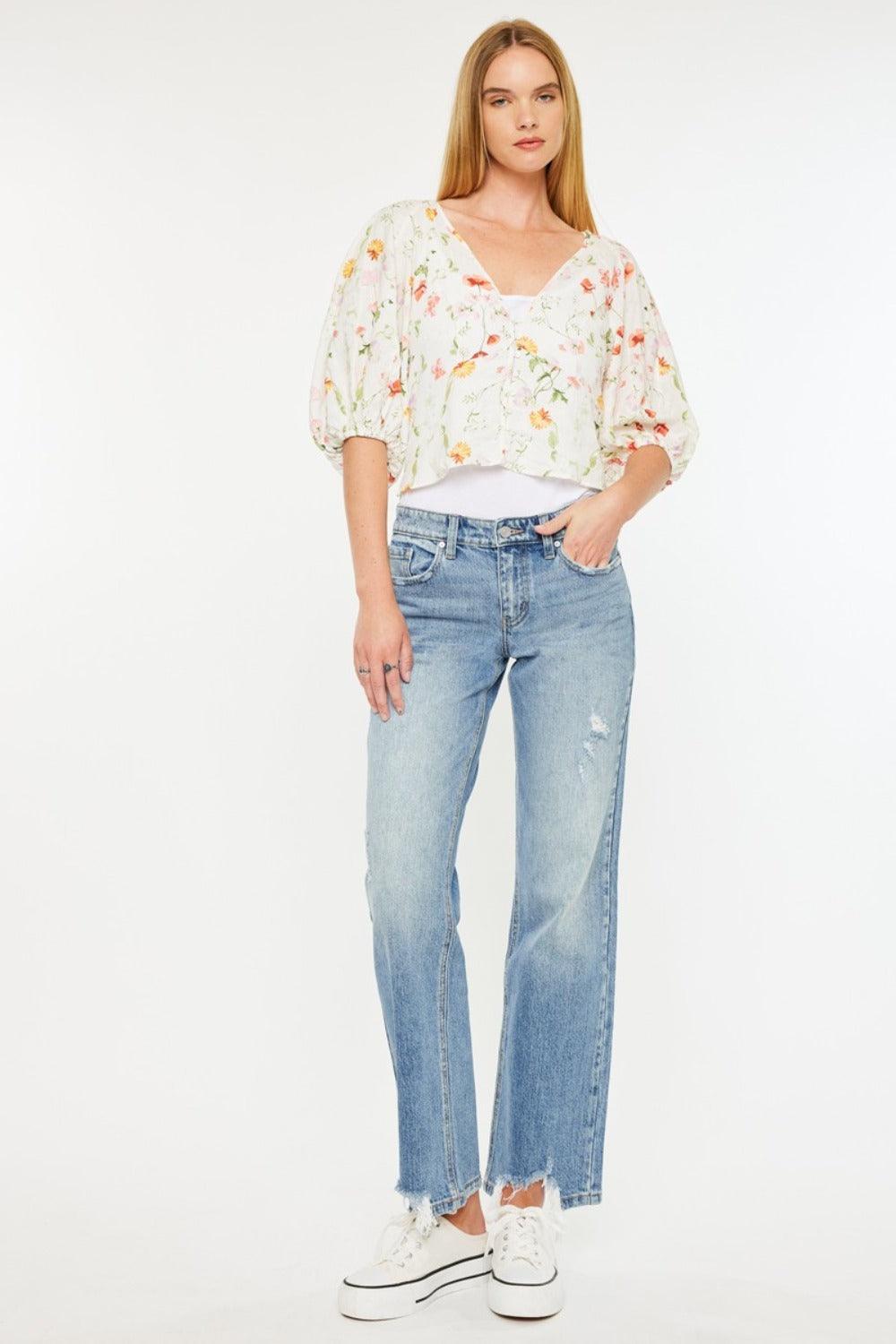 Get trendy with Mid Rise Frayed Hem Straight Jeans - Jeans available at Styles Code. Grab yours today!