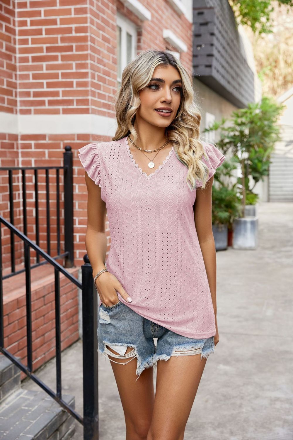 Get trendy with Flutter Sleeve Scalloped V-Neck Top - Blouse available at Styles Code. Grab yours today!