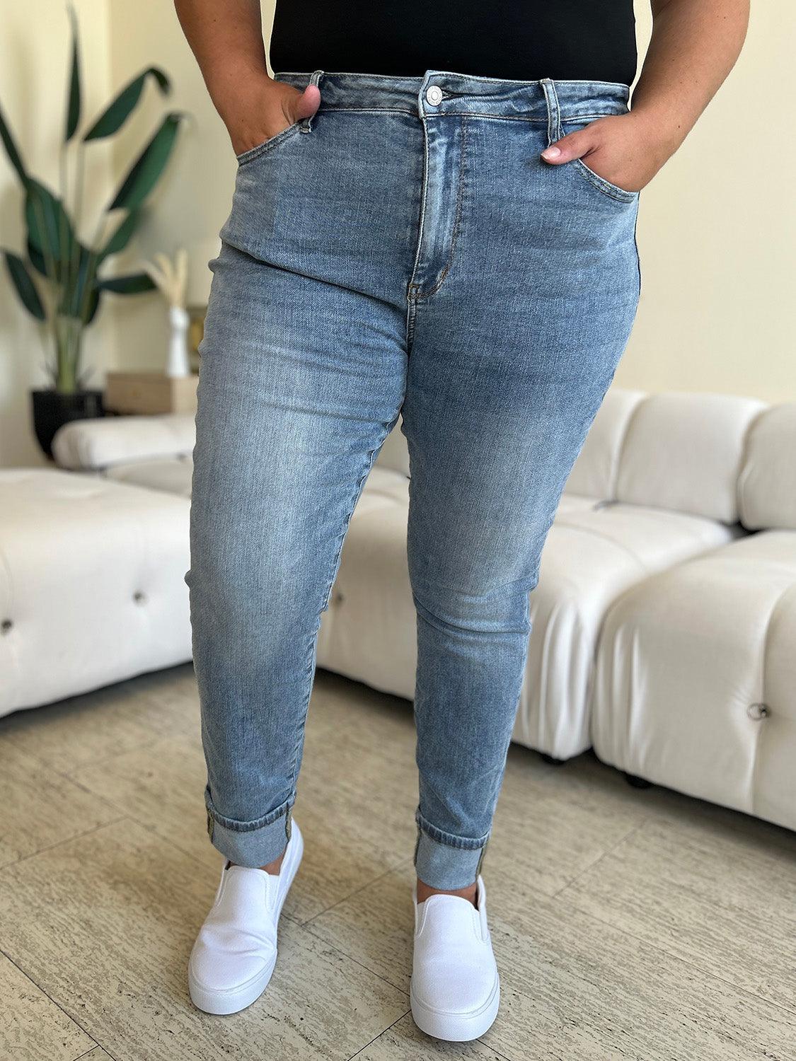 Get trendy with Full Size High Waist Cuff Hem Jeans - Plus Size available at Styles Code. Grab yours today!