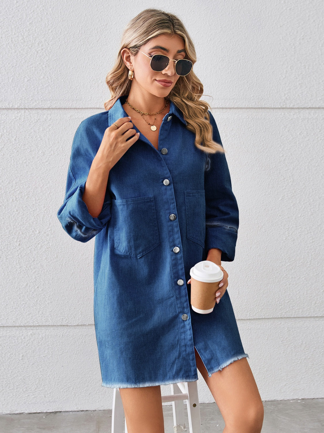 Get trendy with Raw Hem Button Up Denim Dress - Denim Dress available at Styles Code. Grab yours today!