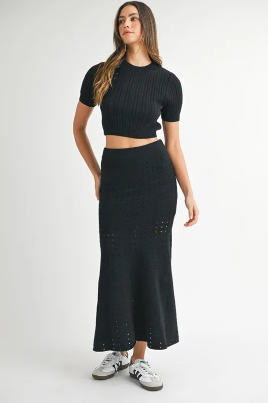 Get trendy with Pointelle Crop Top and Slit Skirt Set - available at Styles Code. Grab yours today!
