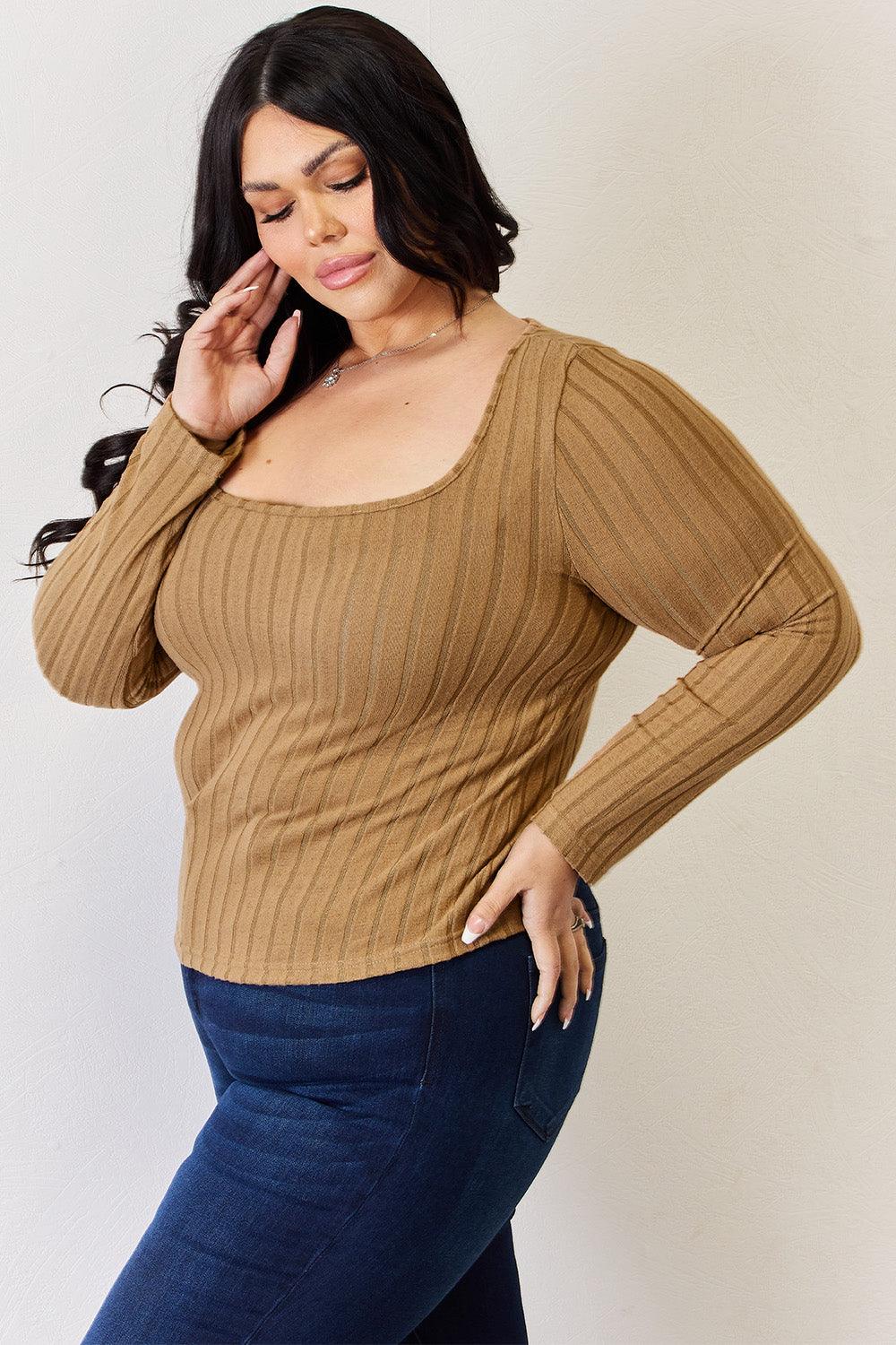 Get trendy with Full Size Ribbed Long Sleeve T-Shirt - T-Shirt available at Styles Code. Grab yours today!
