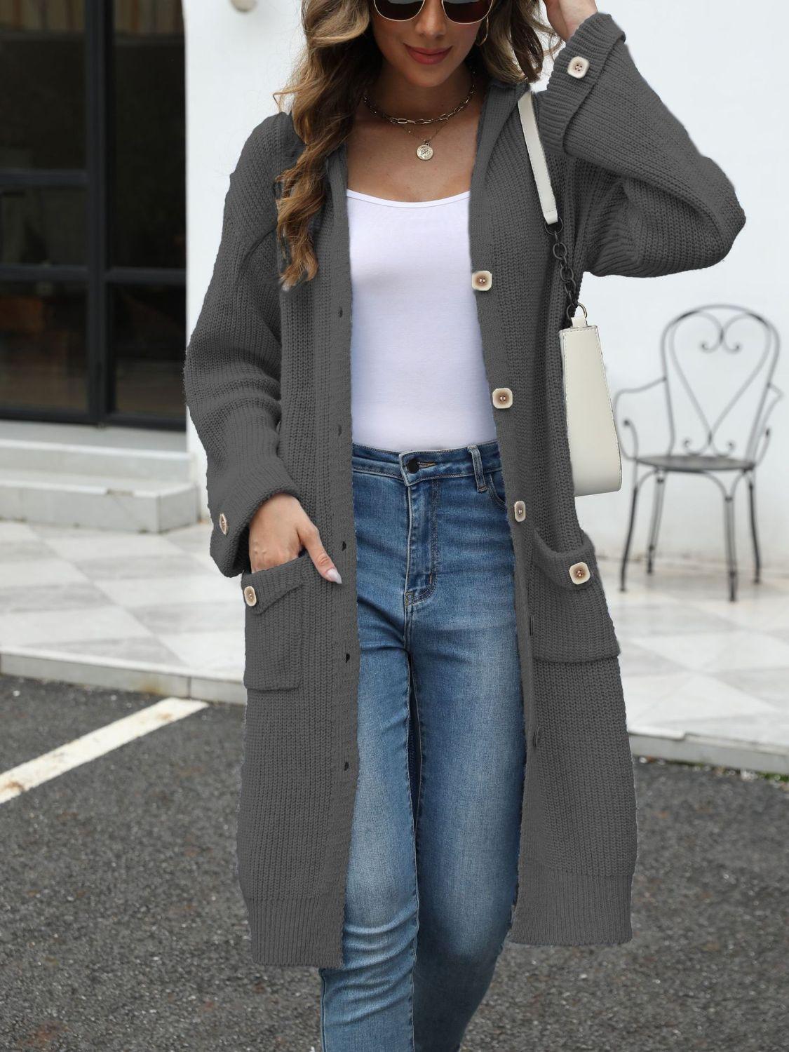 Get trendy with Pocketed Button Up Long Sleeve Hooded Cardigan - available at Styles Code. Grab yours today!