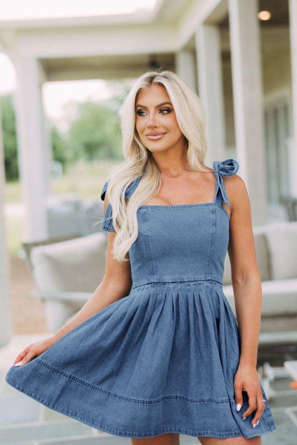 Get trendy with Square Neck Tie Shoulder Denim Dress - Denim Dress available at Styles Code. Grab yours today!