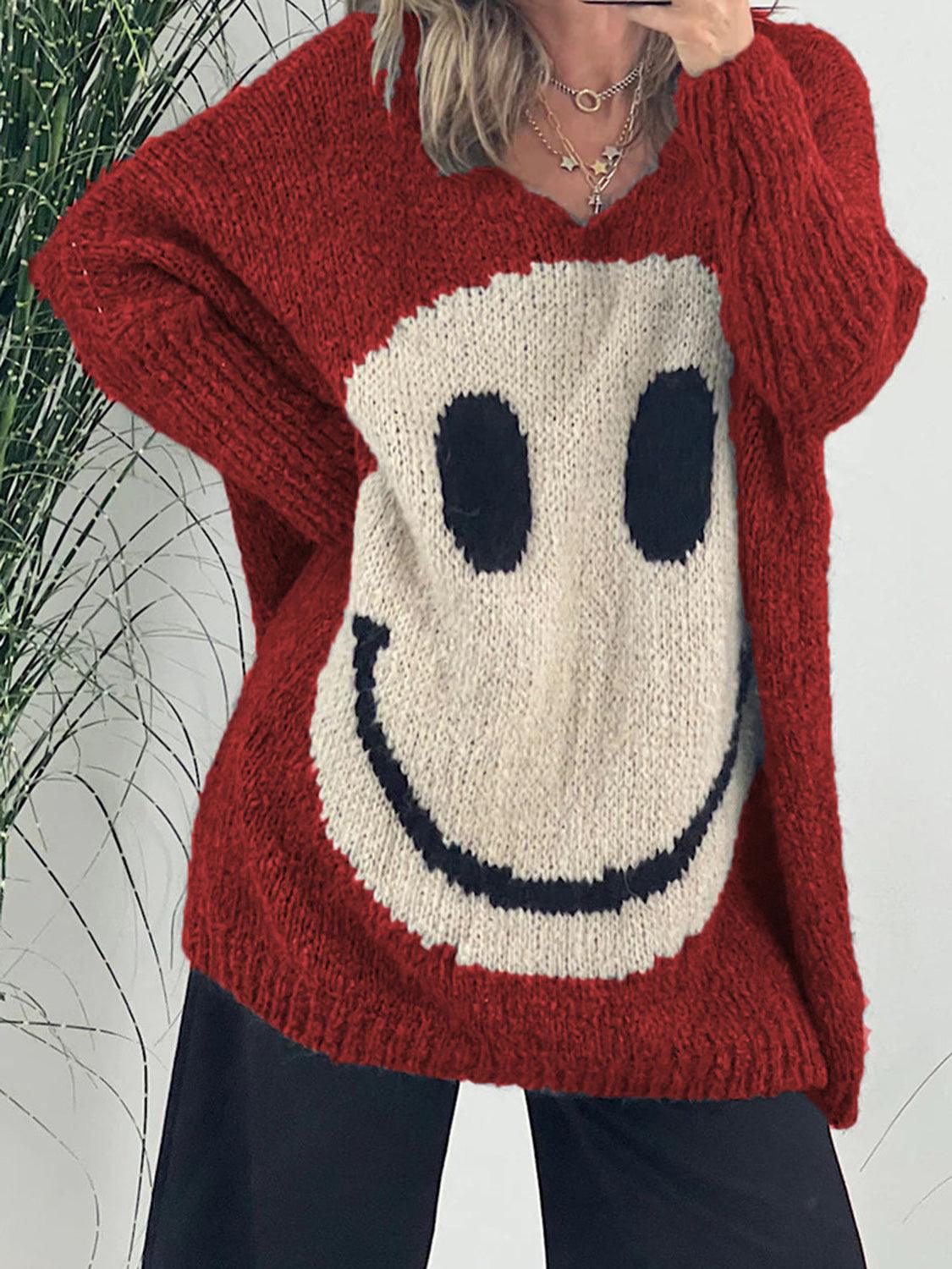 Get trendy with Smiling Face V-Neck Long Sleeve Sweater - available at Styles Code. Grab yours today!