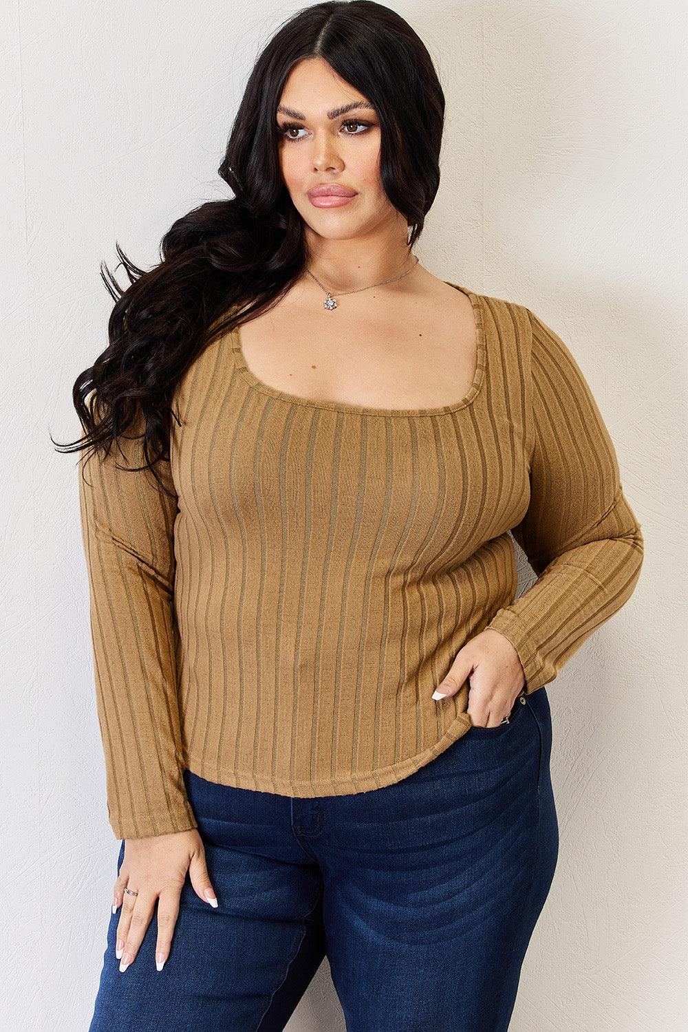 Get trendy with Full Size Ribbed Long Sleeve T-Shirt - T-Shirt available at Styles Code. Grab yours today!