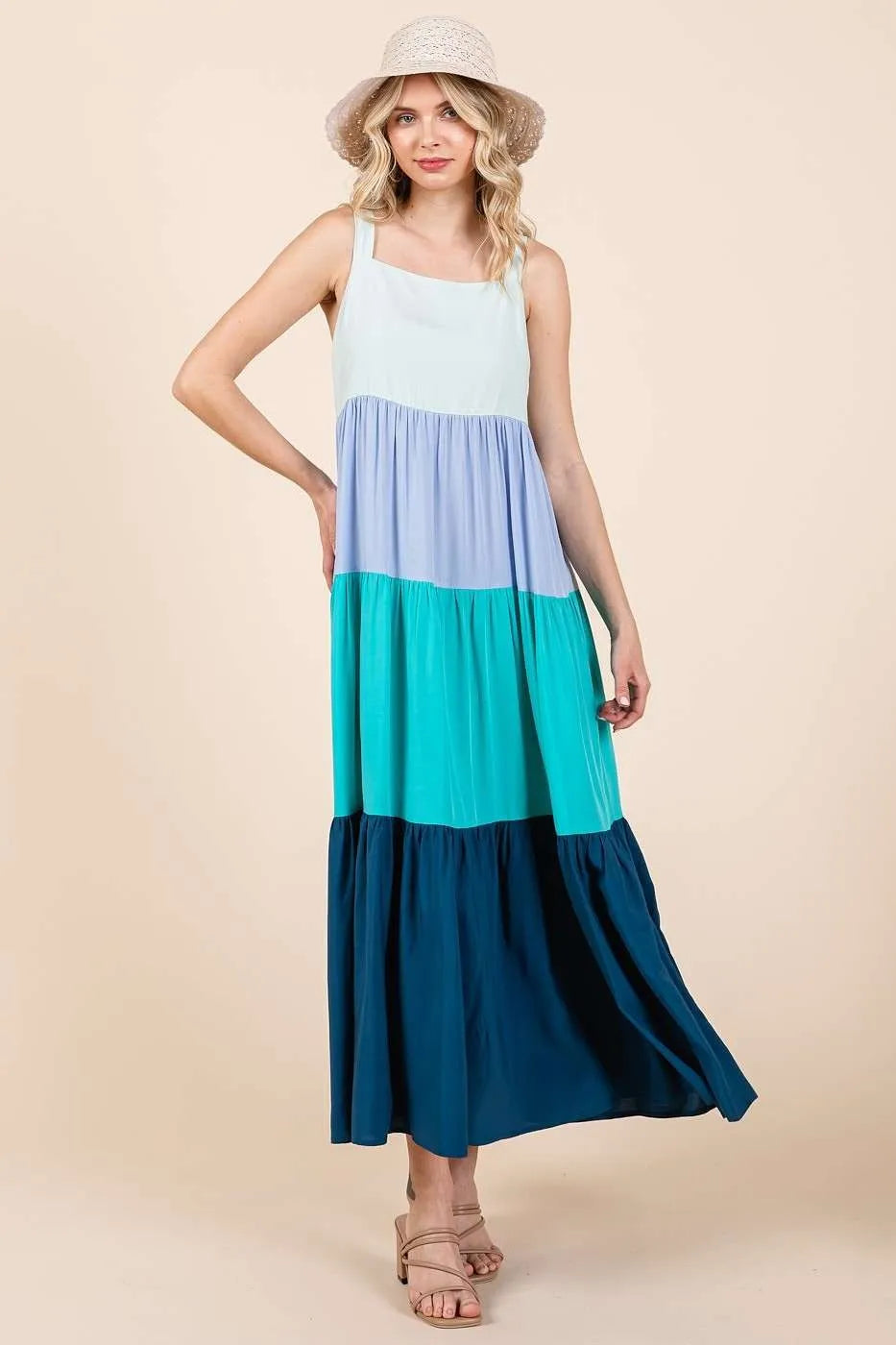 Get trendy with Color Block Tiered Pull-On Maxi Dress - Dress available at Styles Code. Grab yours today!