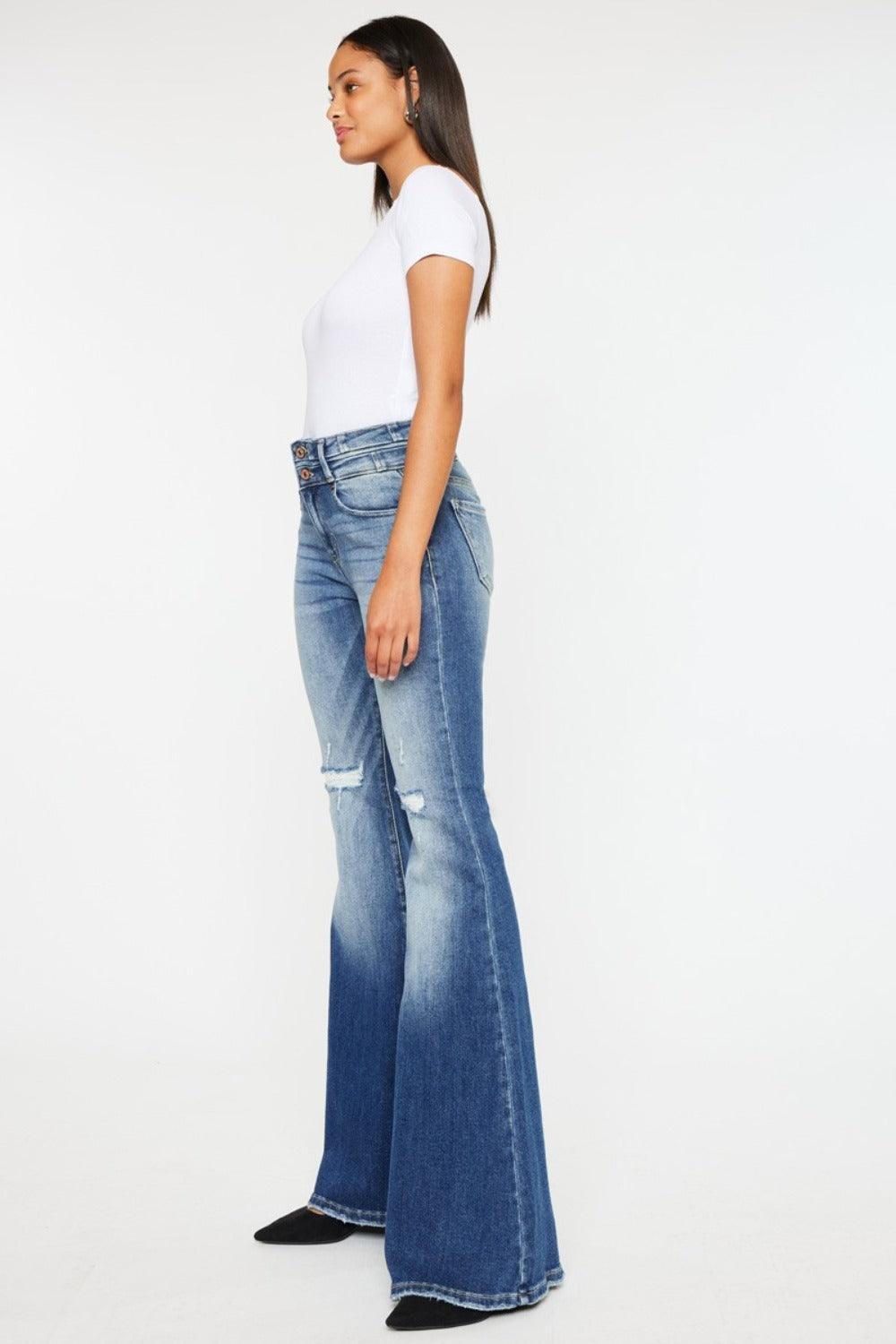 Get trendy with High Rise Wide Waistband Flare Jeans - Jeans available at Styles Code. Grab yours today!
