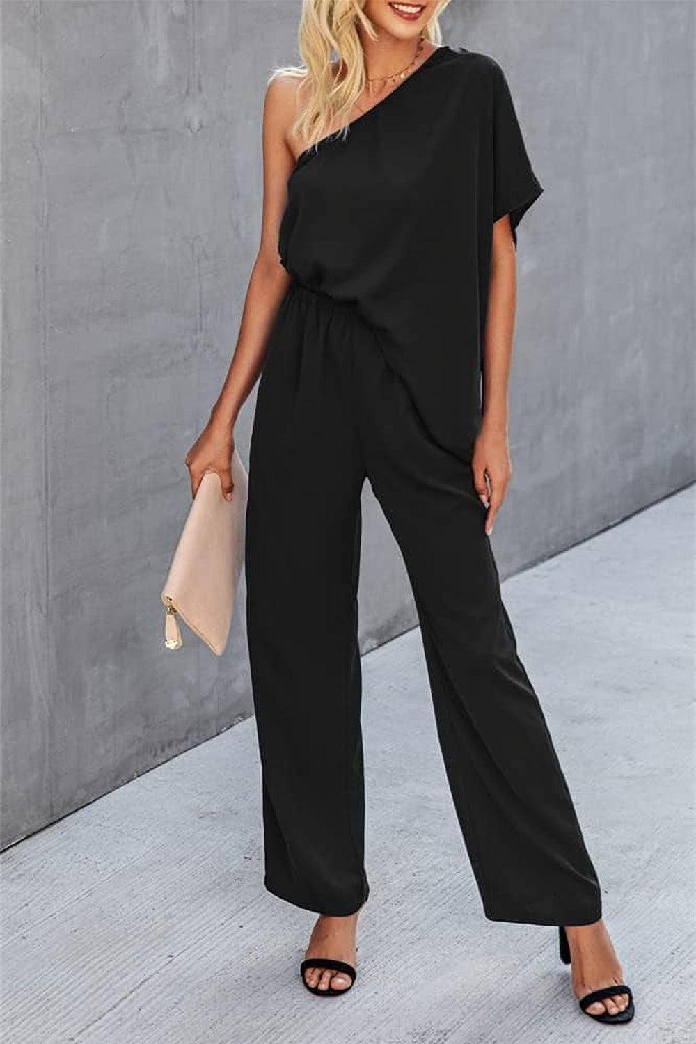 Get trendy with Single Shoulder Short Sleeve Jumpsuit - Jumpsuit available at Styles Code. Grab yours today!