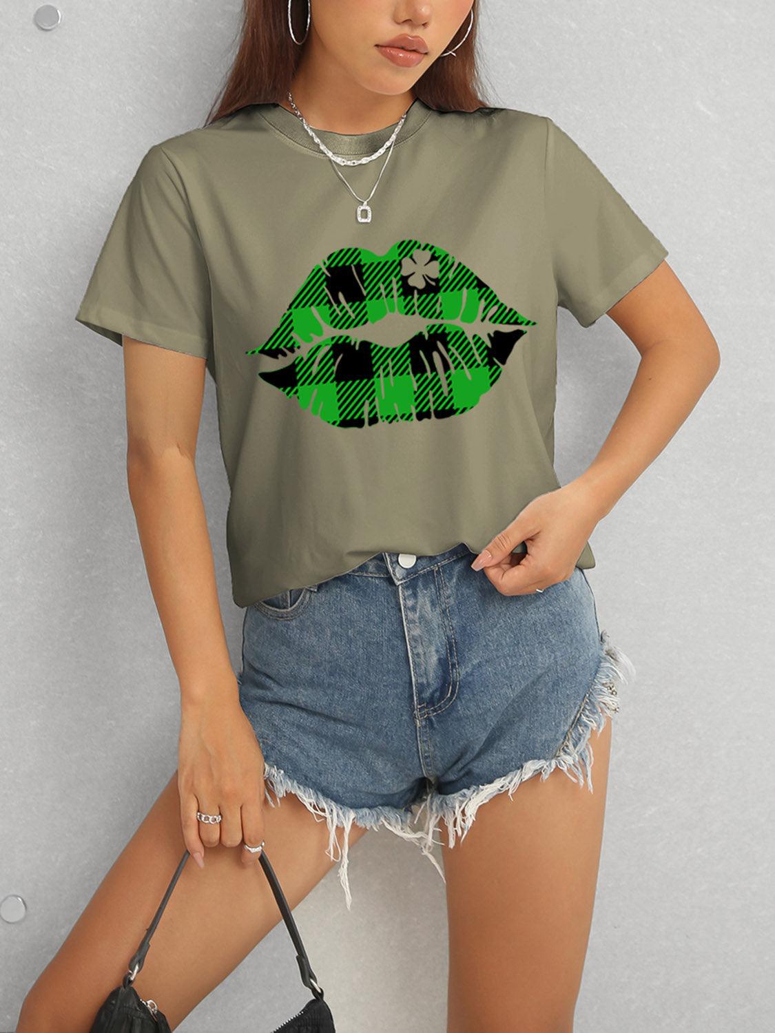 Get trendy with Plaid Lip Graphic Round Neck T-Shirt - Graphic T-Shirts available at Styles Code. Grab yours today!