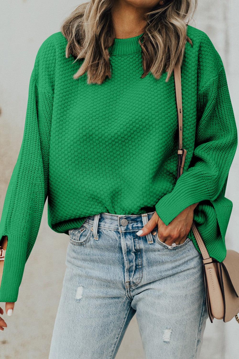 Get trendy with Textured Round Neck Long Sleeve Sweater - available at Styles Code. Grab yours today!