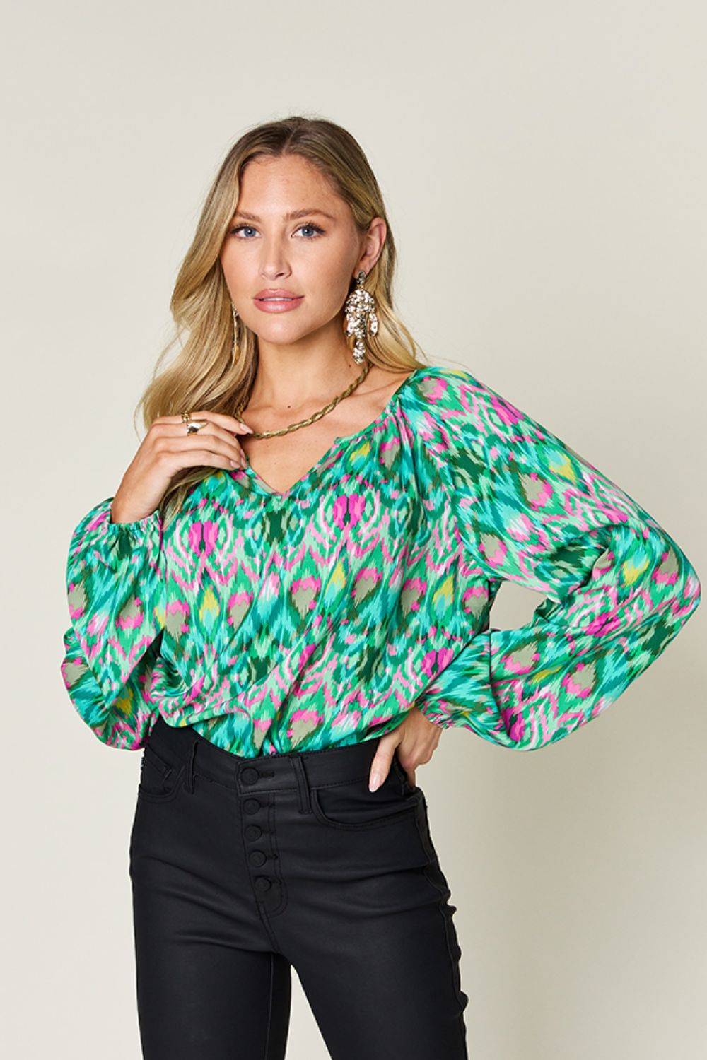 Get trendy with Full Size Balloon Sleeve Blouse - Blouse available at Styles Code. Grab yours today!