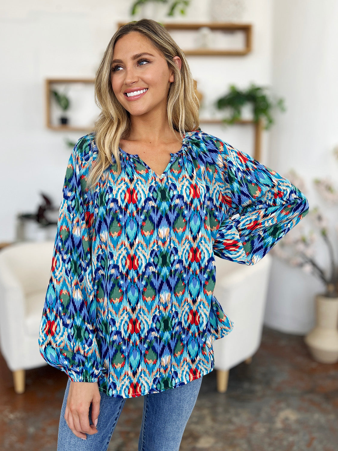 Get trendy with Full Size Balloon Sleeve Blouse - Blouse available at Styles Code. Grab yours today!