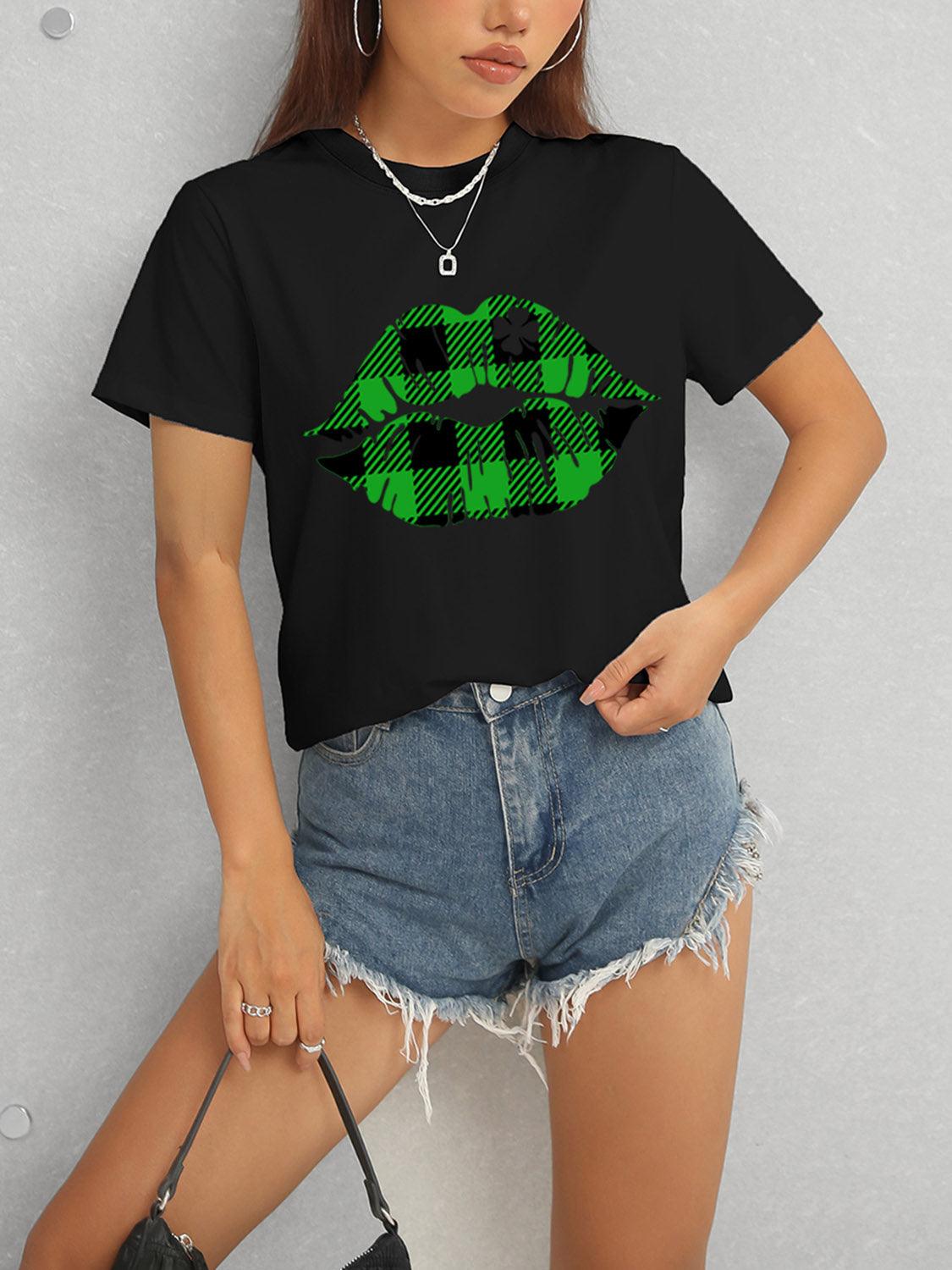 Get trendy with Plaid Lip Graphic Round Neck T-Shirt - Graphic T-Shirts available at Styles Code. Grab yours today!