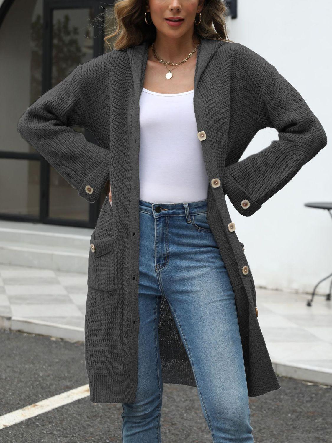Get trendy with Pocketed Button Up Long Sleeve Hooded Cardigan - available at Styles Code. Grab yours today!