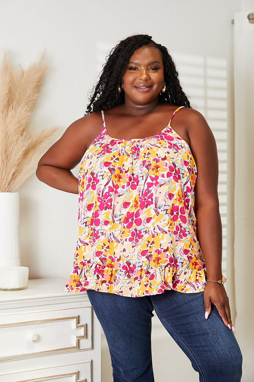 Get trendy with Floral Scoop Neck Ruffle Hem Cami - Top available at Styles Code. Grab yours today!