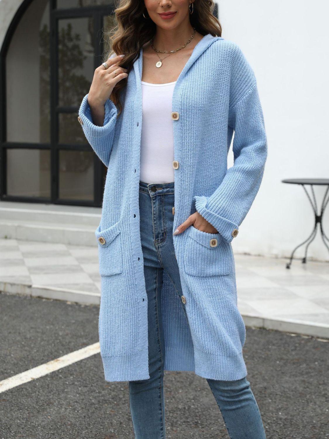Get trendy with Pocketed Button Up Long Sleeve Hooded Cardigan - available at Styles Code. Grab yours today!
