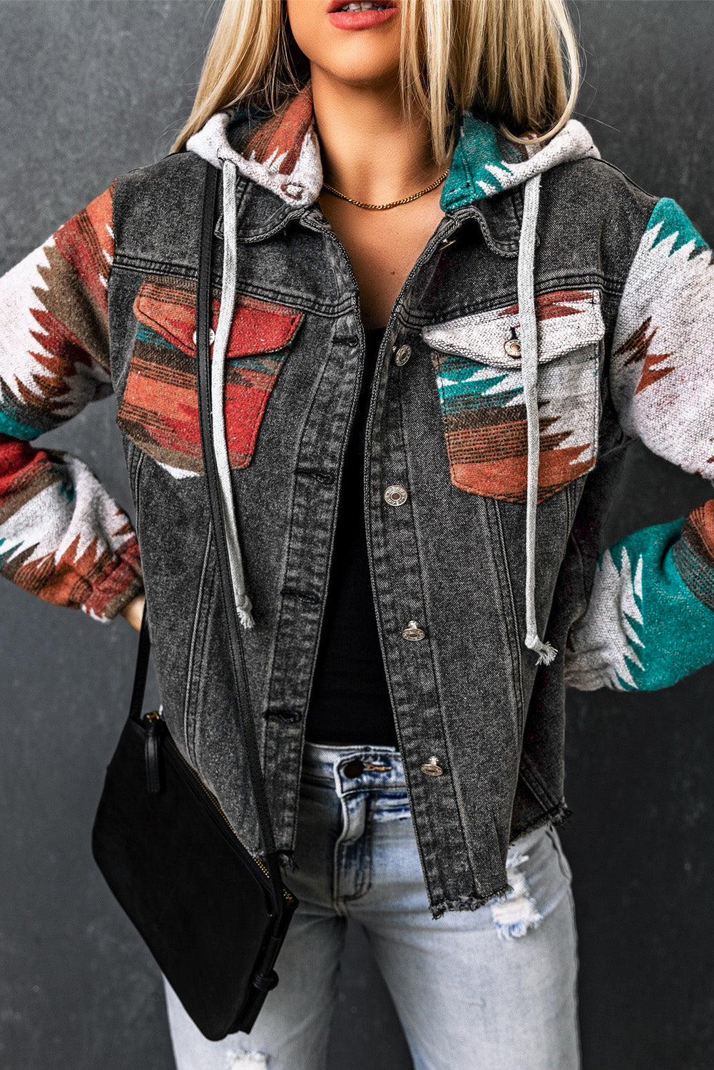 Get trendy with Drawstring Hooded Pocketed Denim Jacket - Denim Jacket available at Styles Code. Grab yours today!