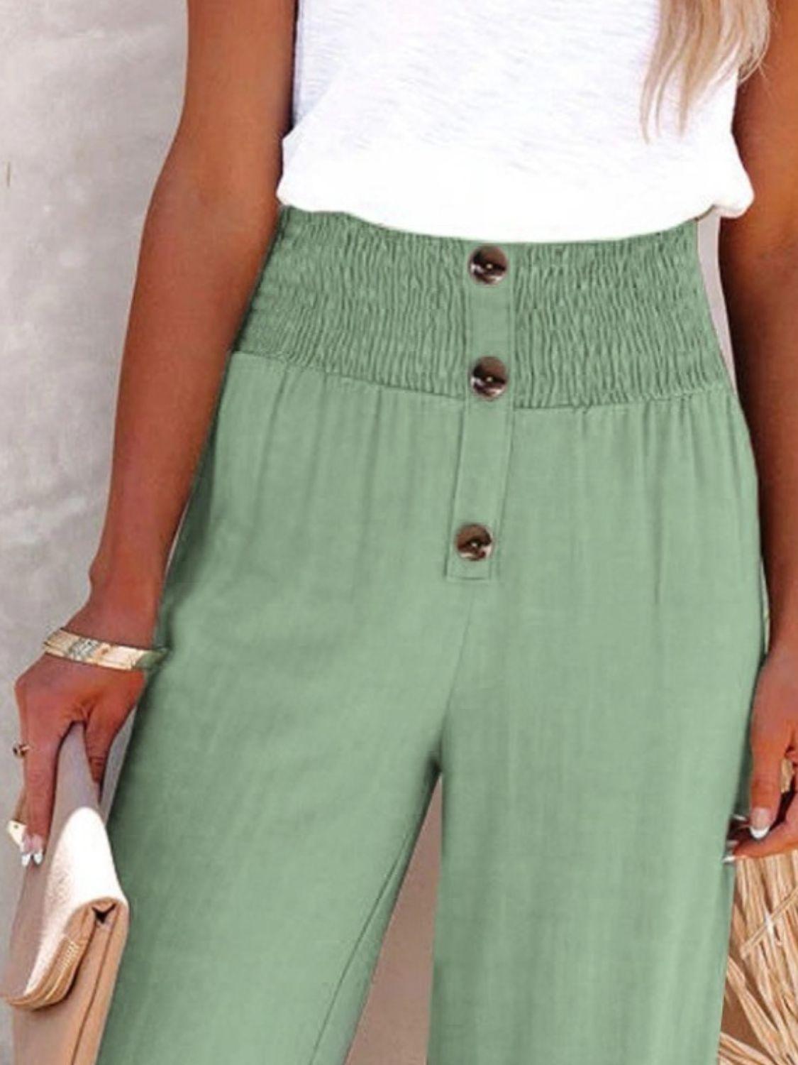 Get trendy with Full Size Decorative Button High Waist Pants - Pants available at Styles Code. Grab yours today!