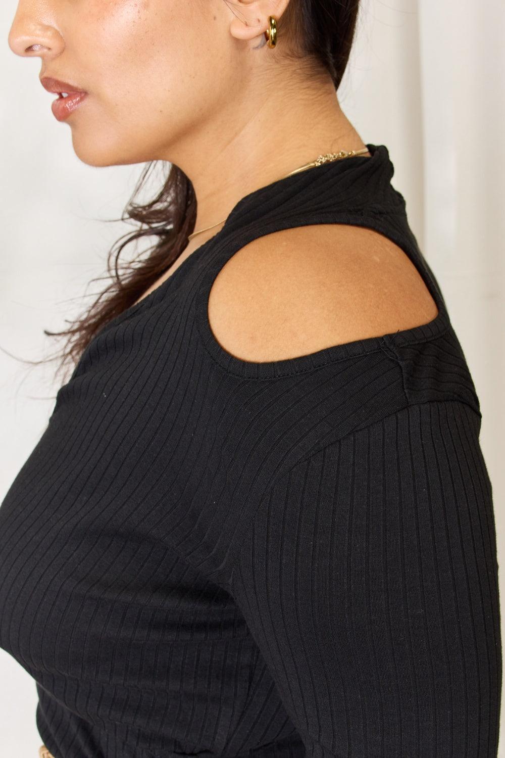 Get trendy with Full Size Ribbed Surplice Cold Shoulder Top - Top available at Styles Code. Grab yours today!