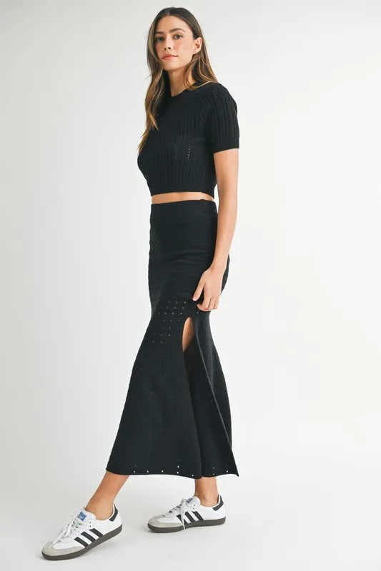 Get trendy with Pointelle Crop Top and Slit Skirt Set - available at Styles Code. Grab yours today!