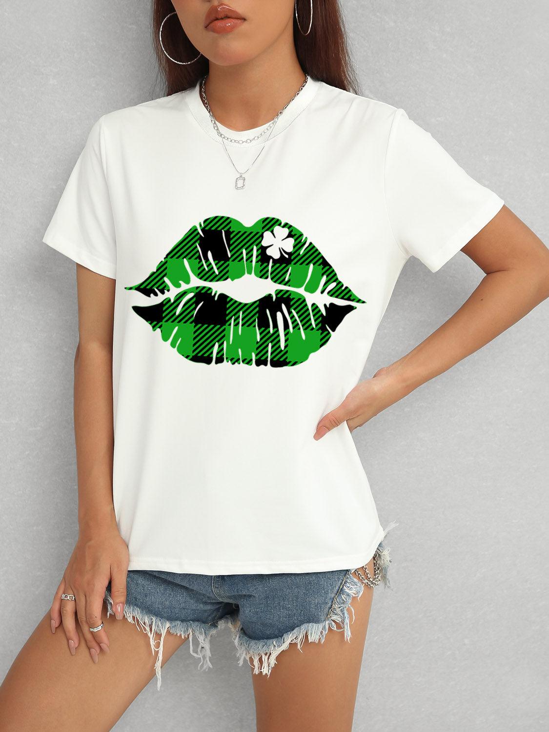 Get trendy with Plaid Lip Graphic Round Neck T-Shirt - Graphic T-Shirts available at Styles Code. Grab yours today!