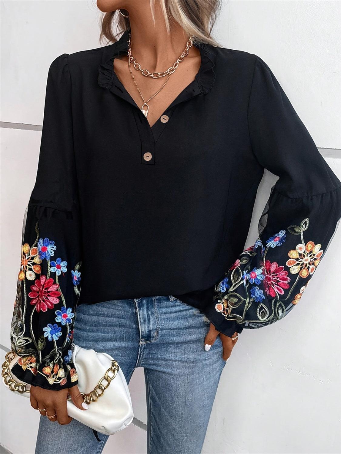 Get trendy with Embroidered Notched Long Sleeve Blouse - available at Styles Code. Grab yours today!