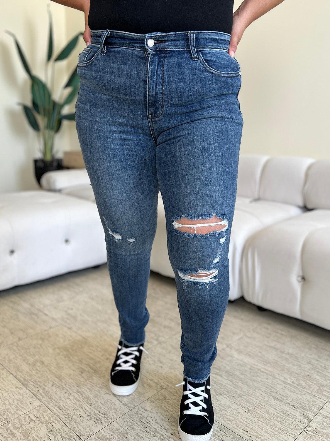Get trendy with Full Size High Waist Distressed Skinny Jeans - Plus Size available at Styles Code. Grab yours today!
