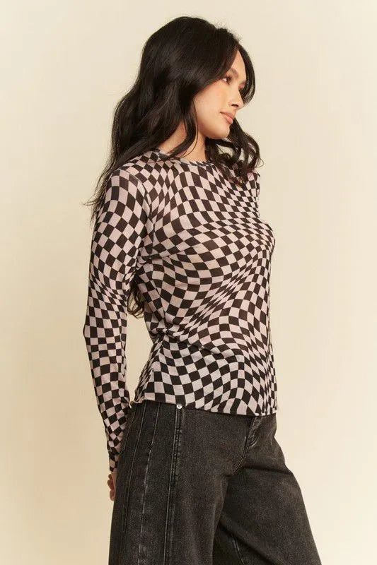 Get trendy with Checker Board Long Sleeve Top - Top available at Styles Code. Grab yours today!